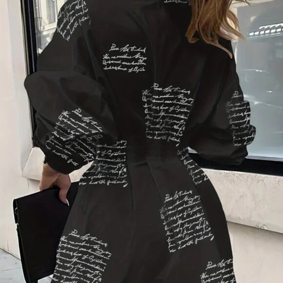 Black Script Print Shirt Dress – XXL Long Sleeve Button-Down Mini - Picture 4 of 4